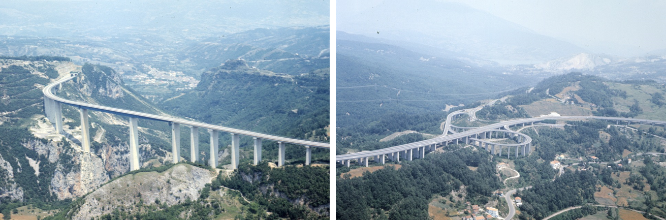 Two pictures of viaducts along the Autostrada del Mediteraaneo (at the time it was called the Salerno-Reggio Calabria Motorway)