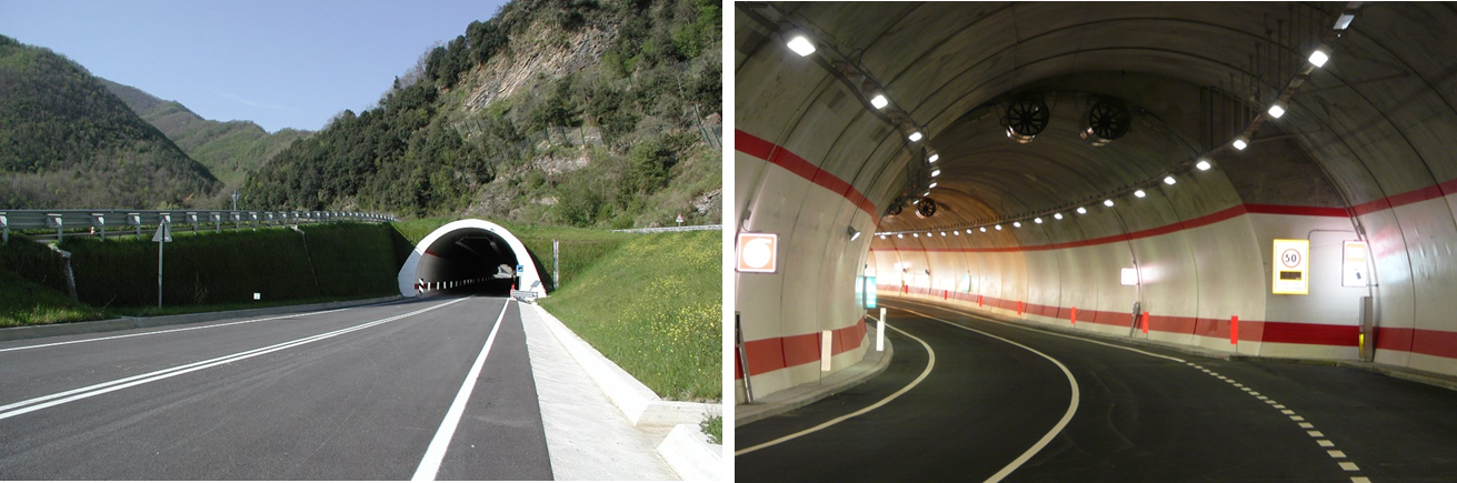 Two pictures - one is of the external entrance of a road tunnel, the other is inside a road tunnel