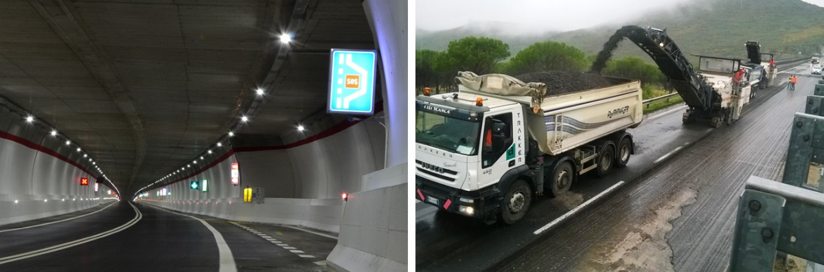 Double picture -.a road tunnel and a milling machine during roadworks