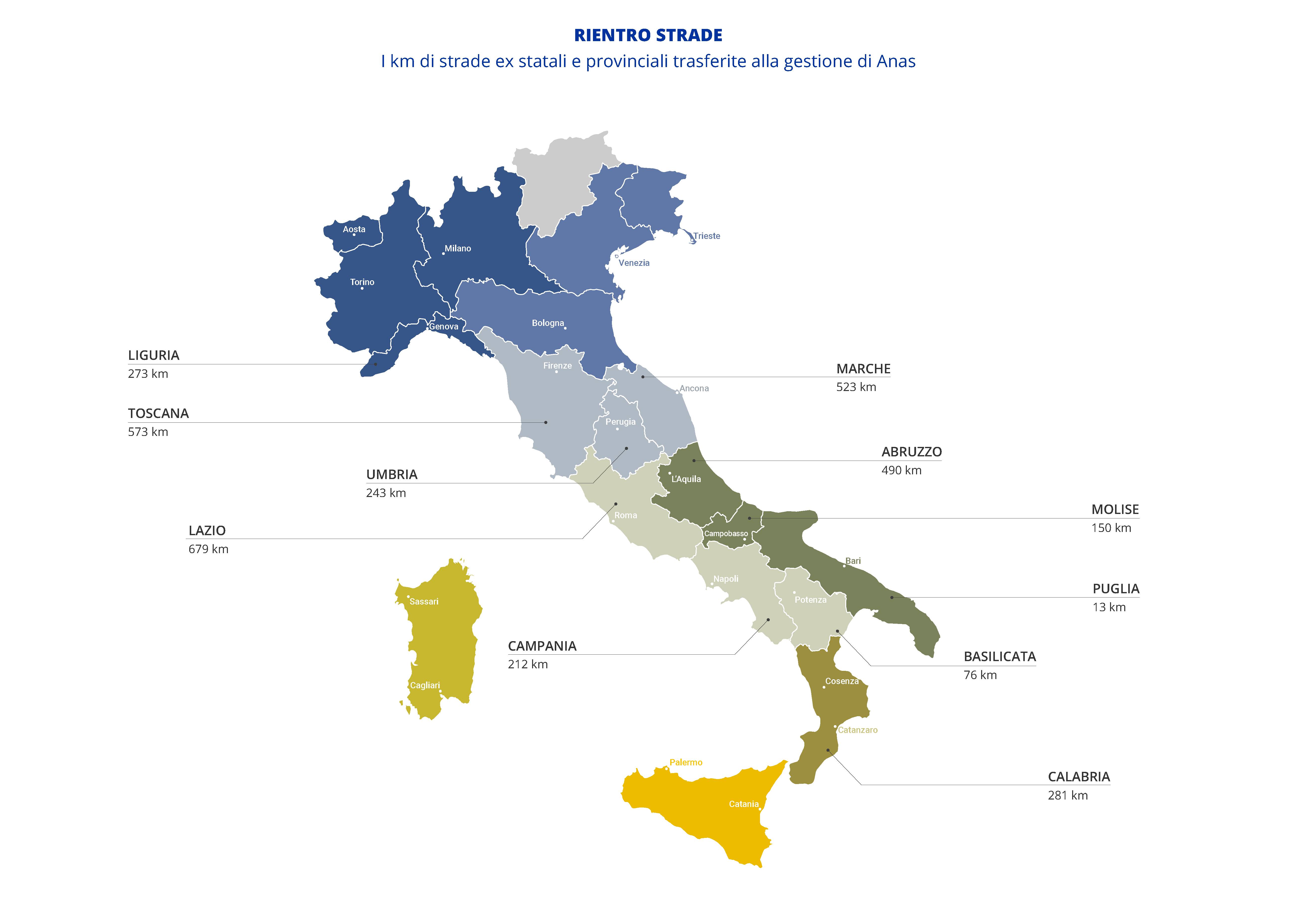 Mappa rientro strade Anas Mappa dei km di strade di rientro in Anas per ogni regione