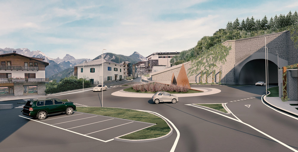 Render della nuova rotatoria e dell'imbocco est della galleria  - Variante di Valle di Cadore