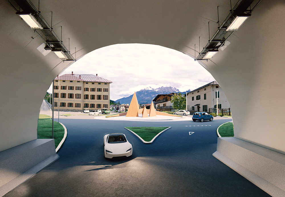 Render della galleria della Variante di Valle di Cadore con gli impianti